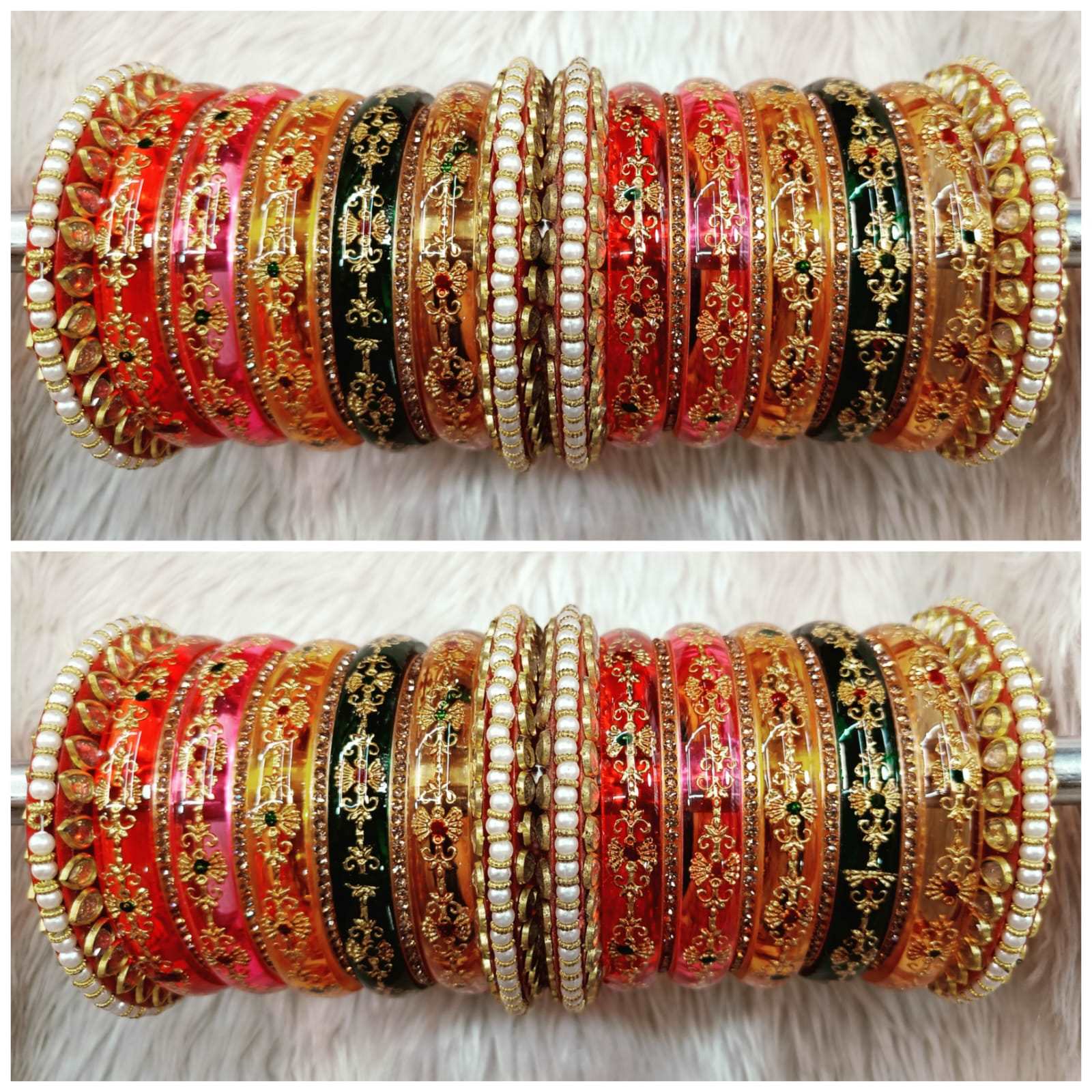 Red And Golden Color Lakh Bangles Set Of 17 Bangles Lac Bangles Bridal Wedding Lac Chura Color Customized With Golden Kundan Work Heavy buy Look