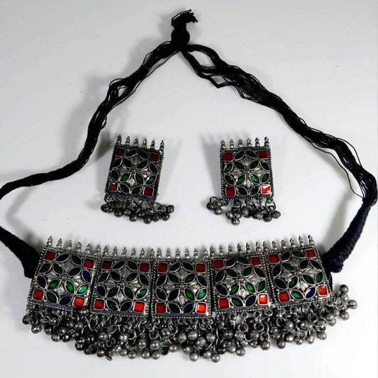 Silver Oxidised Blossom Square Elegance Chokar Necklace gaonkasaman