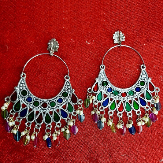 Silver Oxidised MultiColour Afghan Mirrored Chandbali Earrings gaonkasaman