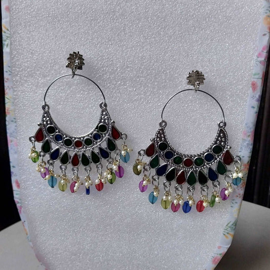 Silver Oxidised Multicolour Mirrored Afghani Chandbali gaonkasaman