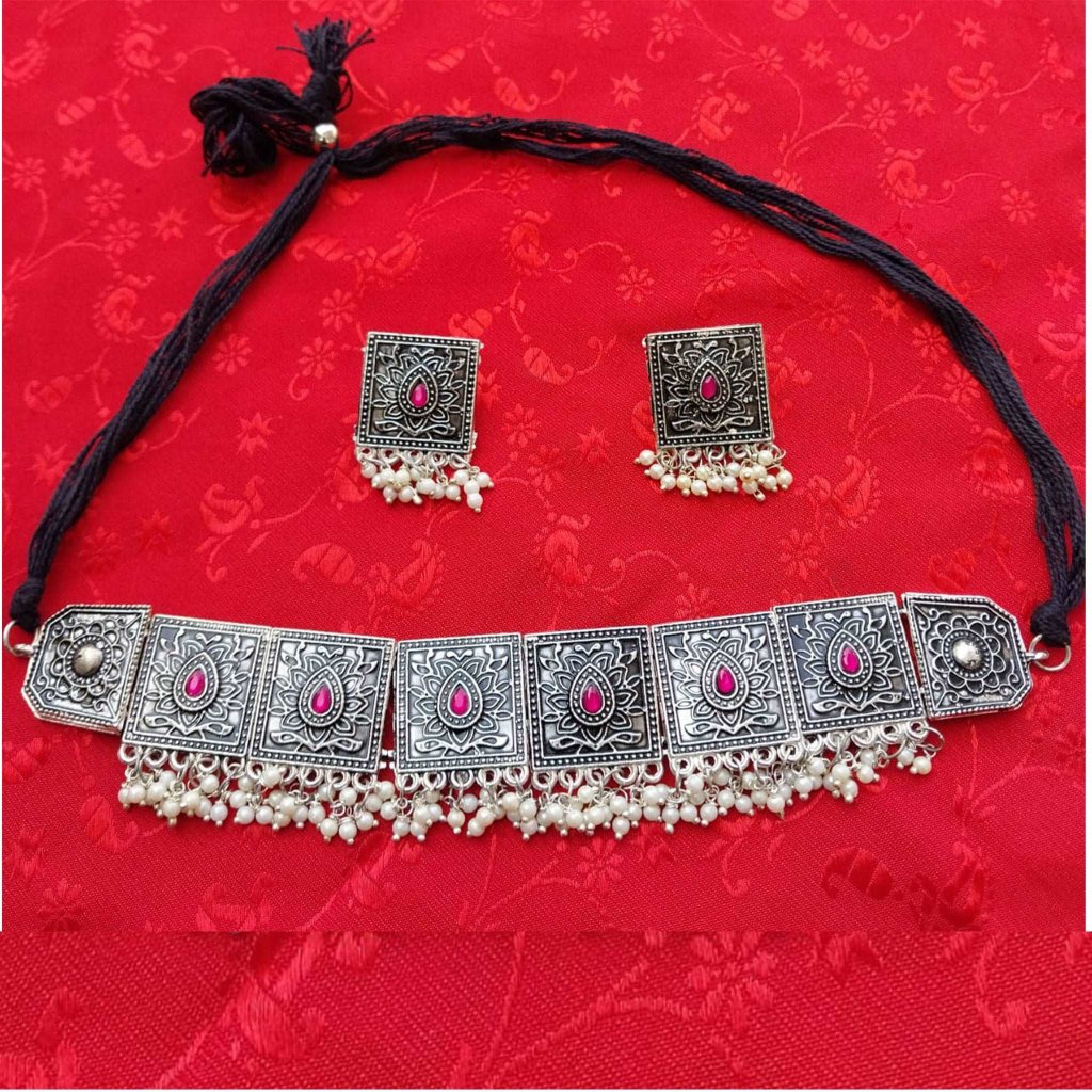 Silver Oxidised Square Pink Tear-drop Necklace gaonkasaman