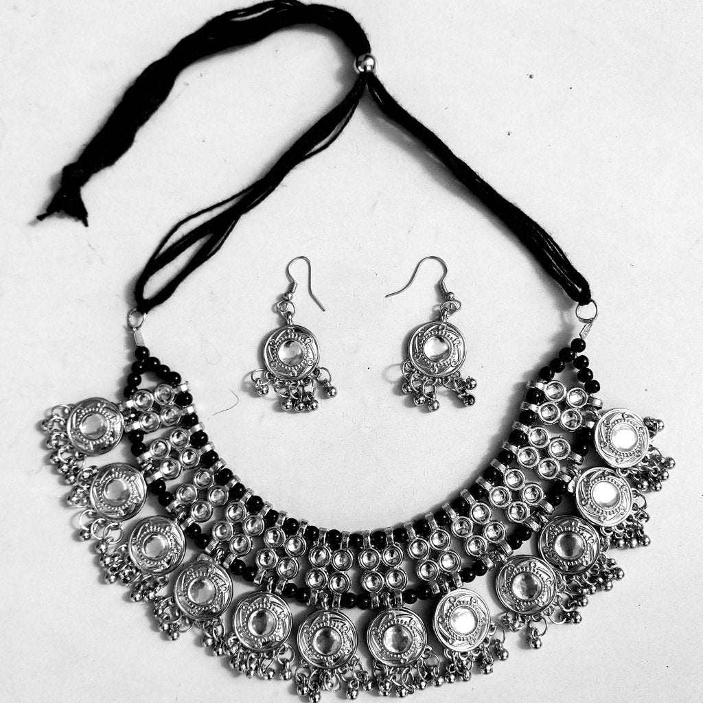 Silver Oxidized Coin Chokar with White Stones set gaonkasaman