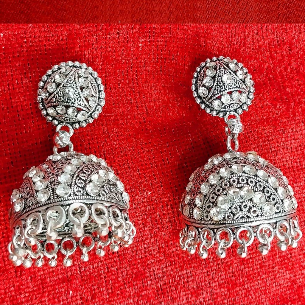 Silver Oxidized Stone Bow Jhumka Earrings gaonkasaman