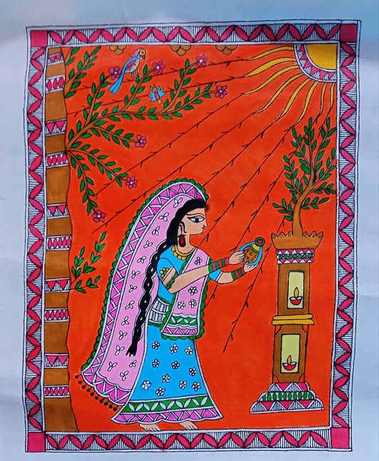 Tradition Devotion : Handmade Madhubani Canvas Painting. gaonkasaman