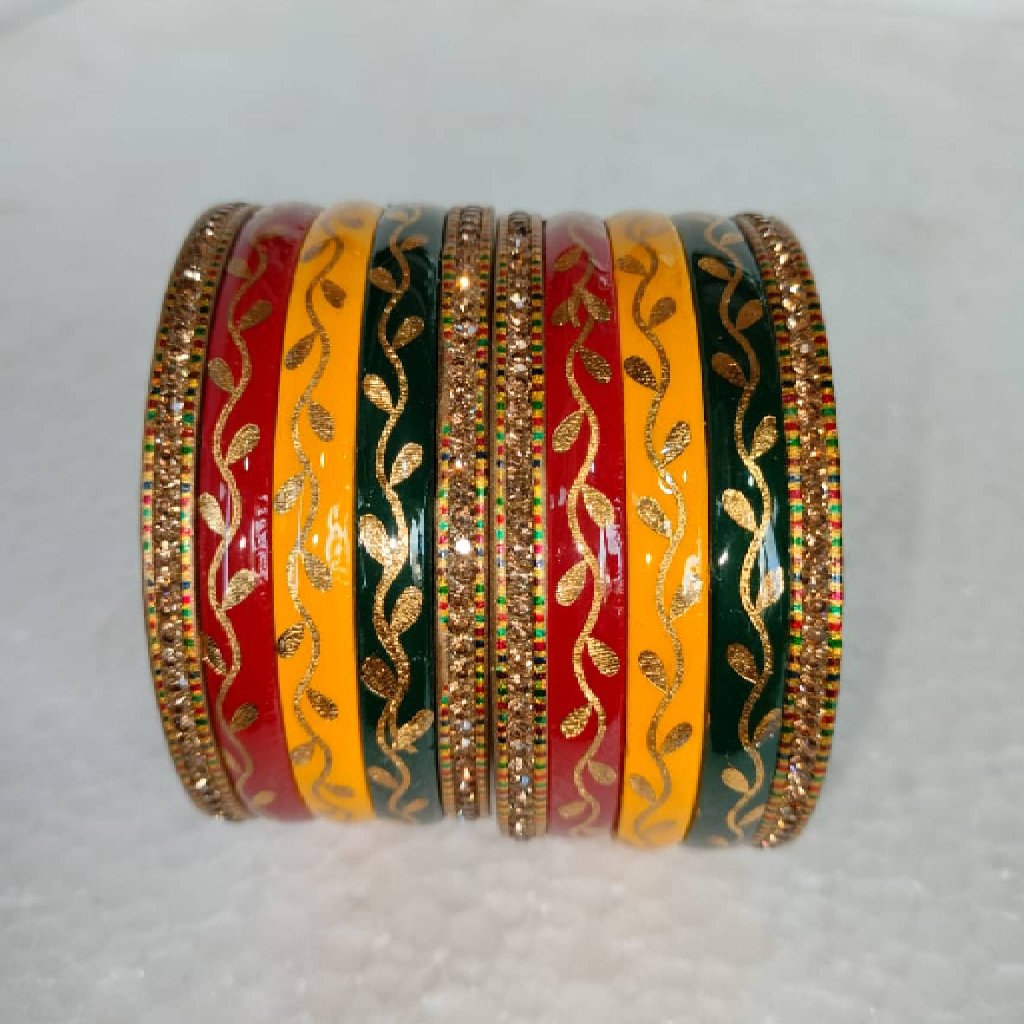 Traditional Golden vine Rajasthani Red Green Yellow Lakh/Lac Bangle/Kadda/Chura Set For Women And Girls. gaonkasaman