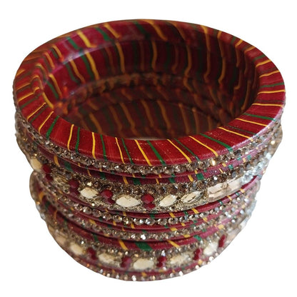 Traditional Mirror And Silver Stones Red Lahariya Bangle Lakh/Lac Bangle/Kadda/Chura Set For Women And Girls. gaonkasaman