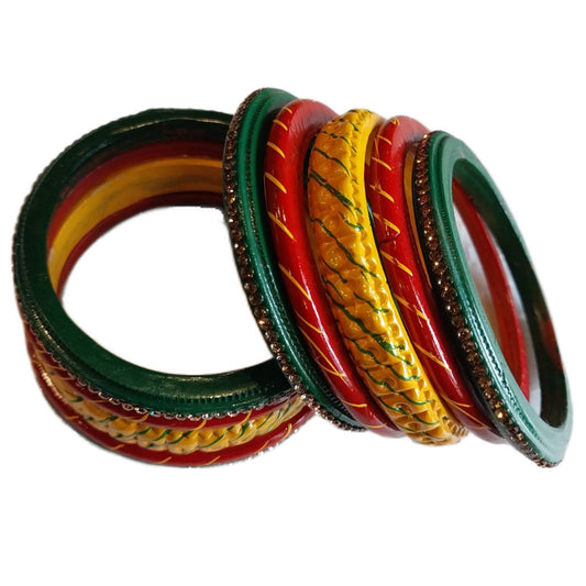 Traditional Rajasthani 3-Line Yellow, Red ,Green Lakh/Lac Bangle/Kadda/Chura Set For Women And Girls gaonkasaman