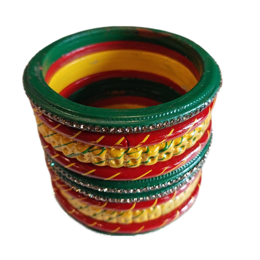 Traditional Rajasthani 3-Line Yellow, Red ,Green Lakh/Lac Bangle/Kadda/Chura Set For Women And Girls gaonkasaman