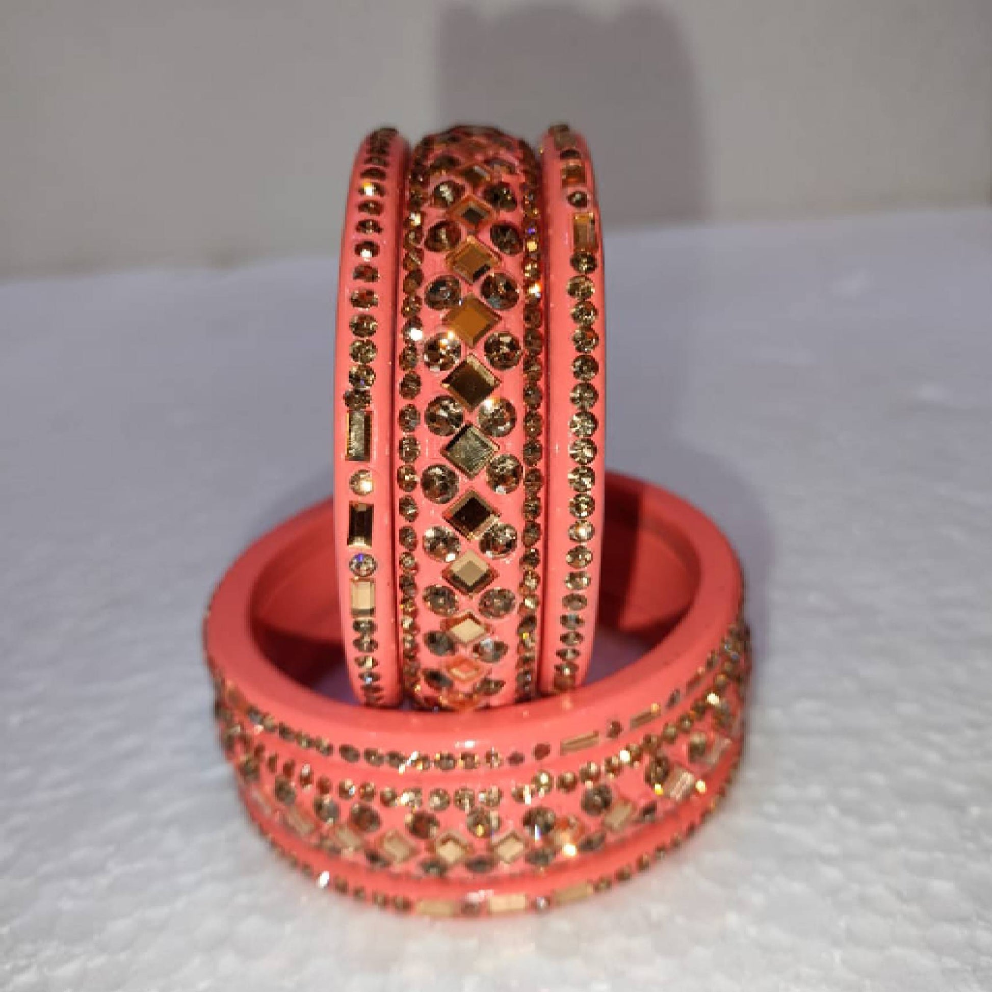 Traditional Rajasthani 5-Line Gajari/Pink/Peach Lakh/Lac Bangle/Kadda/Chura Set For Women And Girls. gaonkasaman