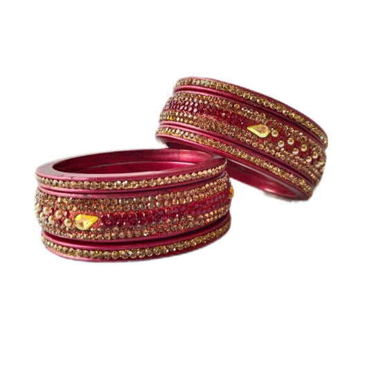 Traditional Rajasthani 5-Line Golden Pearl Pink Lakh/Lac Bangle/Kadda/Chura Set For Women And Girls. gaonkasaman