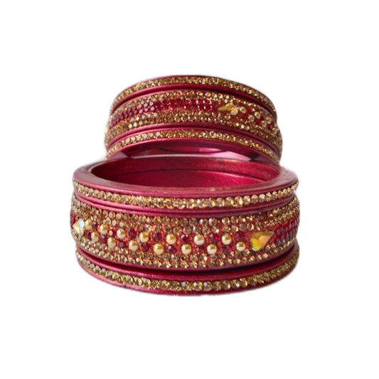 Traditional Rajasthani 5-Line Golden Pearl Pink Lakh/Lac Bangle/Kadda/Chura Set For Women And Girls. gaonkasaman