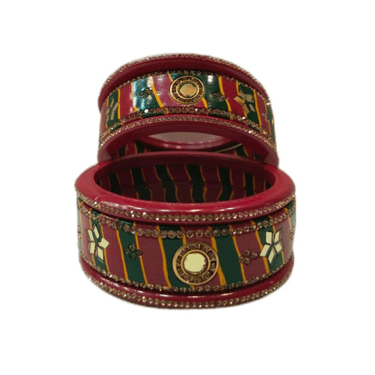 Traditional Red Green mirrors design Lahariya Lakh/Lac Bangles/kada/churi set For Women And Girls gaonkasaman