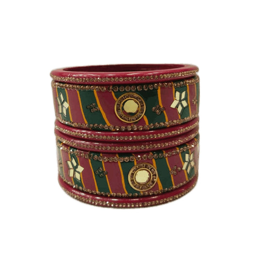 Traditional Red Green mirrors design Lahariya Lakh/Lac Bangles/kada/churi set For Women And Girls gaonkasaman