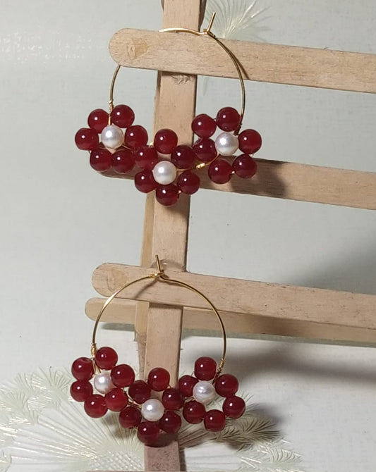 Triple Daisy Delight Maroon Pearls  Floral Hoops gaonkasaman