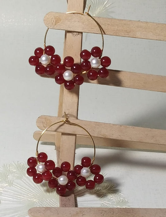 Triple Daisy Delight Maroon Pearls  Floral Hoops gaonkasaman