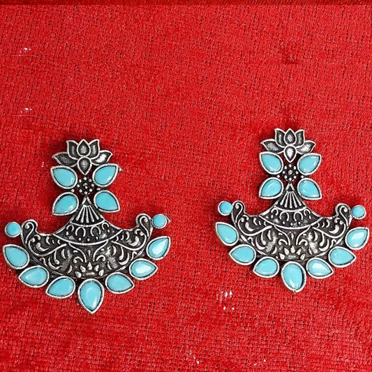 Turquoise Floral Arc German Silver Meenakari Earrings gaonkasaman