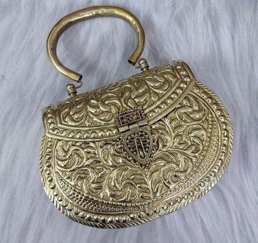 Round edges Enchanting Meenakari Clutch/Bag/Handbag/Gold Bag | Silver-Plated Brass | For Women and Girls
