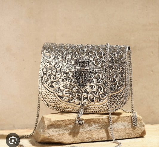 Majestic Meenakari Clutch | Silver-Plated Brass | Clutch/Bag/handbag/Sling Bag | For Women and Girls.
