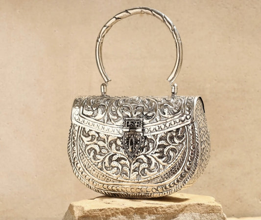 Silver Platted Meenakari Handel Clutch | Silver-Plated Brass | Clutch/Bag/handbag/Sling Bag | For Women and Girls.