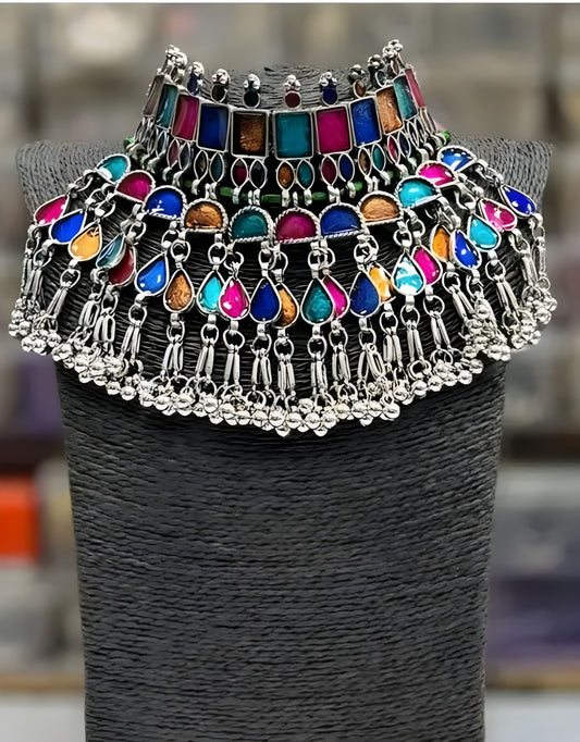 Afghani Style Multicolour Contrasting mirror oxidised silver| Heavy Choker set| Traditional Handmade | for Women & Girls.