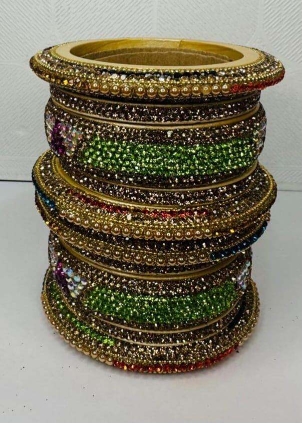 Green and Gold Rhinestone Lac Bangles | Traditional Jewelry | Green & Golden Set | Traditional Jewelry | for Women and Girls