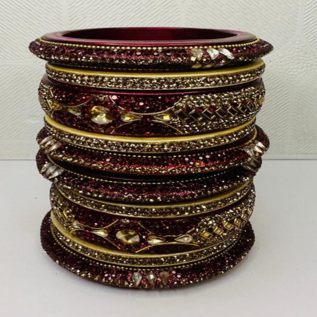 Maroon and Golden Rhinestone Lac Bangles chura set with Golden Choki Stones Bangdi | Traditional Jewelry | Maroon & Golden Set | Traditional Jewelry | for Women and Girls