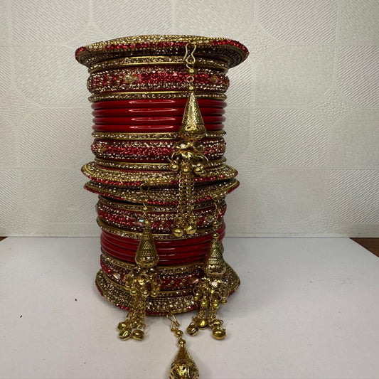 Red and Golden Rhinestone Lac Bangles chura Set with Bangdi and Kaleere | For Girls and Women