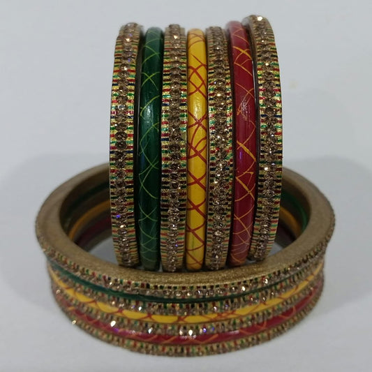 Red, Yellow, and Green Lehariya Bangle Set Surrounded by Multicolor Golden Bangles Studded with Golden Circular Zircon | Set of 14 | for Women and Girls