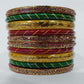 Lehariya Bangles Set of 10 in Tricolor (Red, Yellow, Green) with Golden Lehariya Design | for Women and Girls