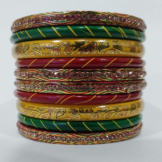 Lehariya Bangles Set of 10 in Tricolor (Red, Yellow, Green) with Golden Lehariya Design | for Women and Girls