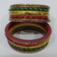 Lehariya Bangles Set of 10 in Tricolor (Red, Yellow, Green) with Golden Lehariya Design | for Women and Girls