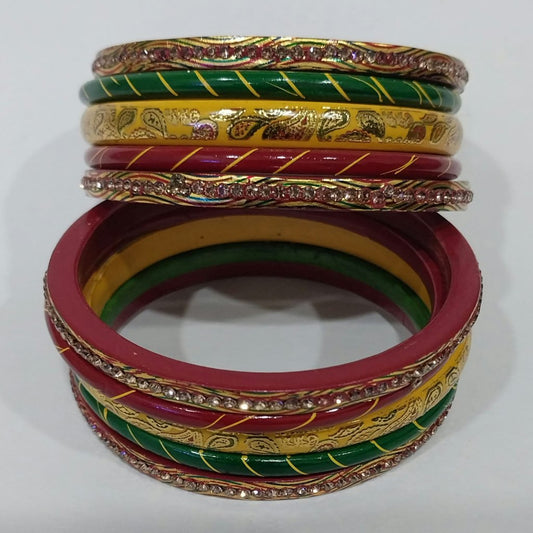 Lehariya Bangles Set of 10 in Tricolor (Red, Yellow, Green) with Golden Lehariya Design | for Women and Girls