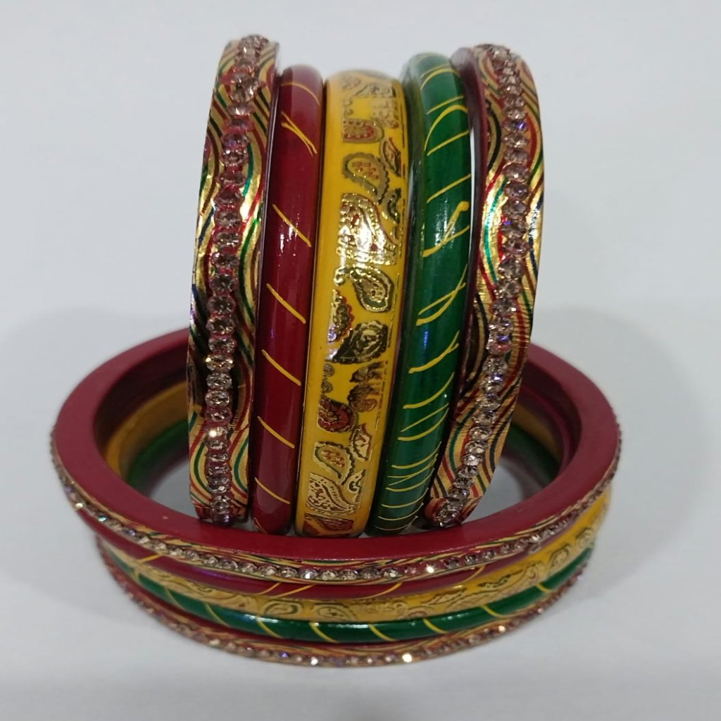 Lehariya Bangles Set of 10 in Tricolor (Red, Yellow, Green) with Golden Lehariya Design | for Women and Girls