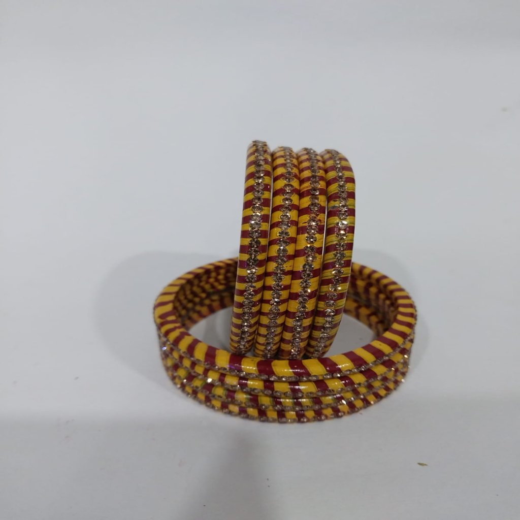 Red Yellow Lehariya Bangles Set of 8 with Spherical Zircon Line | for Women and Girls