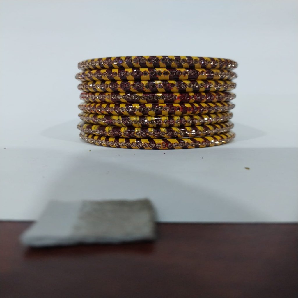 Brown and Yellow Lehariya Bangles Set of 8 with Spherical Zircon Line | for Women and Girls