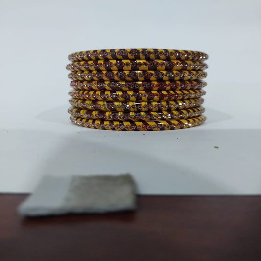 Brown and Yellow Lehariya Bangles Set of 8 with Spherical Zircon Line | for Women and Girls