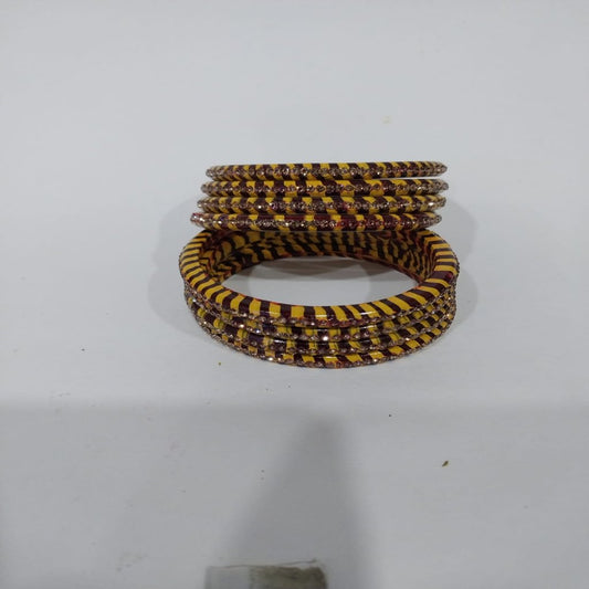 Brown and Yellow Lehariya Bangles Set of 8 with Spherical Zircon Line | for Women and Girls