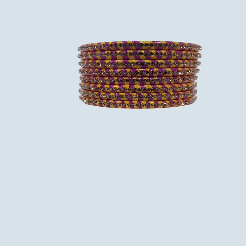 Yellow and Pink Lehariya Bangles Set of 8 with Spherical Zircon Line | for Women and Girls