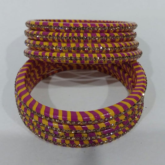 Yellow and Pink Lehariya Bangles Set of 8 with Spherical Zircon Line | for Women and Girls