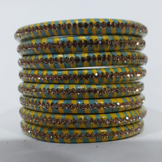 Sky-Blue and Yellow Lehariya Bangles Set of 8 with Spherical Zircon Line | for Women and Girls