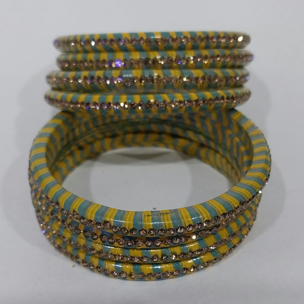 Sky-Blue and Yellow Lehariya Bangles Set of 8 with Spherical Zircon Line | for Women and Girls