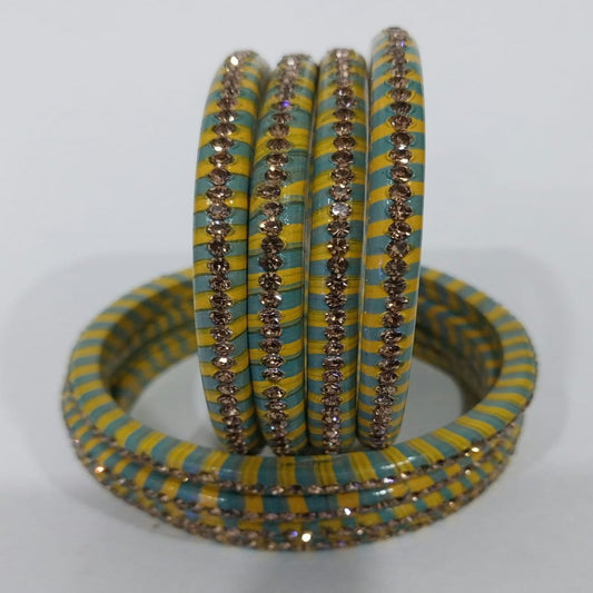 Sky-Blue and Yellow Lehariya Bangles Set of 8 with Spherical Zircon Line | for Women and Girls