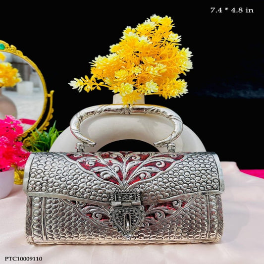 Silver Plated Brass Rectangle Clutch with Meenakari Work and Silver Vine Detailing | Red Base | for Women and Girls