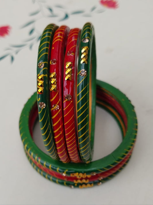 Red & Green Rajasthan Golden stone Lehariya design | traditional Bangles | for women and girls