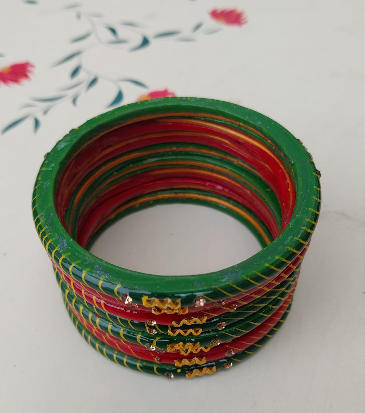 Red & Green Rajasthan Golden stone Lehariya design | traditional Bangles | for women and girls