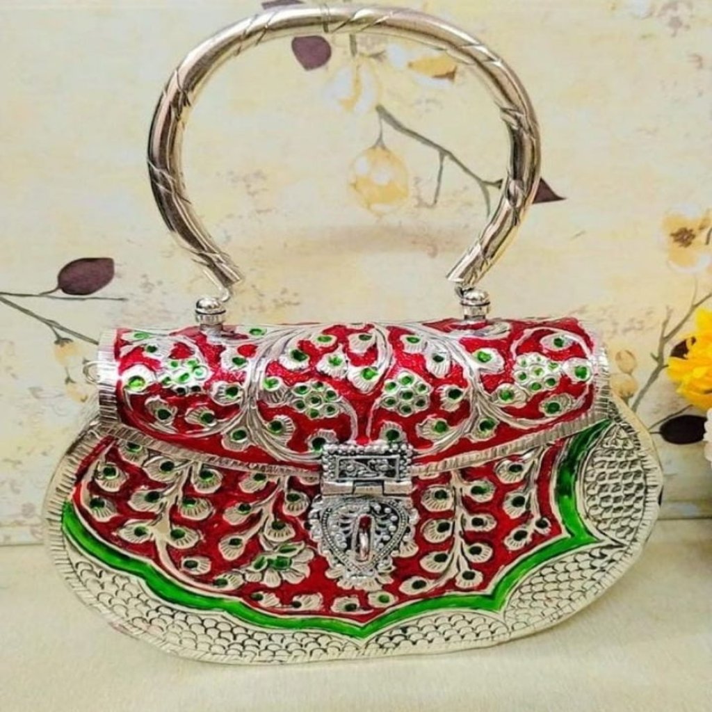 Round edge Silver Plated Brass Clutch with Intricate Designs and Vibrant Meenakari Work | Red Base with Silver and Green Vine Detailing | for Women