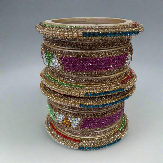 Beige Lac Bangle Set with Multicolor Zircon Stone Strips | Set of 10 | for Women and Girls