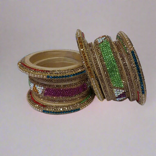 Beige Lac Bangle Set with Multicolor Zircon Stone Strips | Set of 10 | for Women and Girls