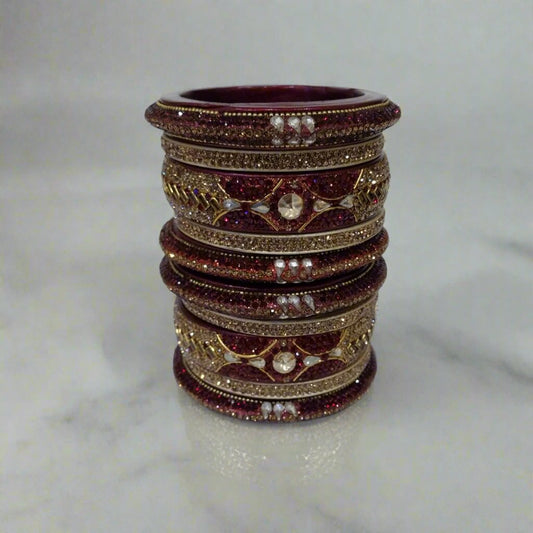 Maroon Lac Bangle Set with Round and Teardrop White Crystal Stones | Set of 10 | for Women and Girls