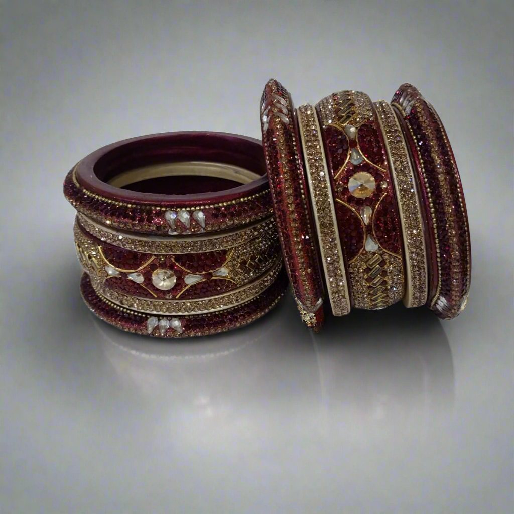 Maroon Lac Bangle Set with Round and Teardrop White Crystal Stones | Set of 10 | for Women and Girls